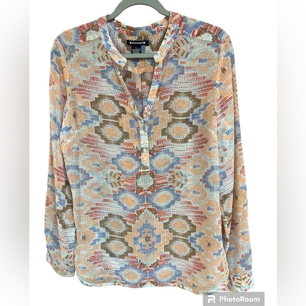 Architect Sheer Peach/Blue/Cream/Red Aztec Print V-Neck 1/4 Button-down Blouse L